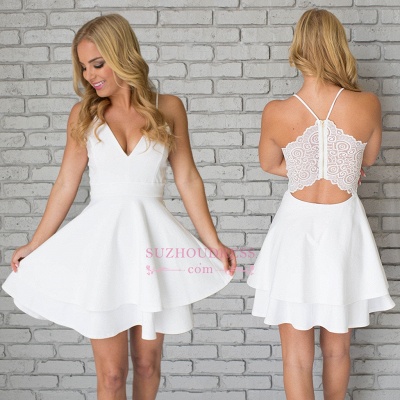 Cute Mini Spaghetti Strap Sleeveless White Lace Homecoming Dress  BA6828_1