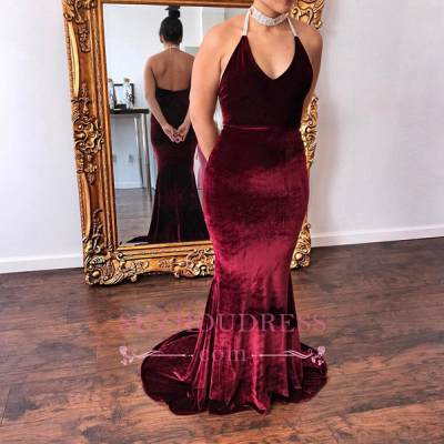 Velvet Halter V-Neck Formal Dress  Mermaid Glamorous Burgundy Evening Dress_1