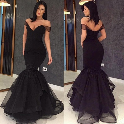 Off The Shoulder Mermaid Sexy Evening Gowns  Black Open Back  Prom Dress_4