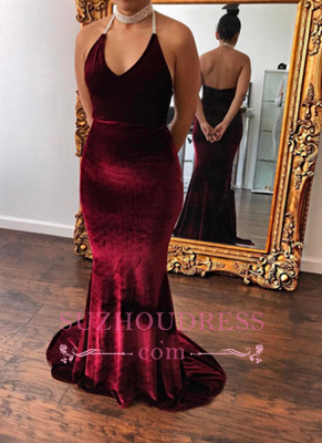 Velvet Halter V-Neck Formal Dress  Mermaid Glamorous Burgundy Evening Dress_3