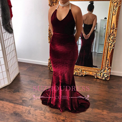 Velvet Halter V-Neck Formal Dress  Mermaid Glamorous Burgundy Evening Dress_2