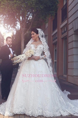 Robe de mariée élégante en tulle avec appliques et manches longues, robe de princesse_3