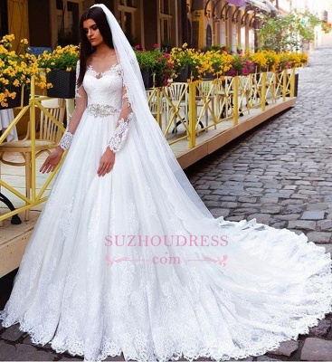 Elegant Princess Crystal Lace Long-Sleeve Wedding Dresses_1