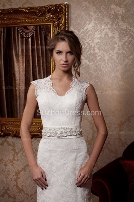 Sexy Mermaid Lace Bridal Dress Scalloped-edge Sweep Train Wedding Dress with Flower Sash_1