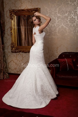 Sexy Mermaid Lace Bridal Dress Scalloped-edge Sweep Train Wedding Dress with Flower Sash_2