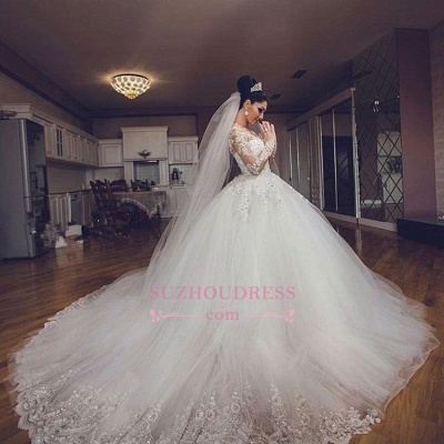 Luxurious Long Sleeves Ball Gown Wedding Dresses Lace Appliques Tulle Wedding Gowns  BA3182_4