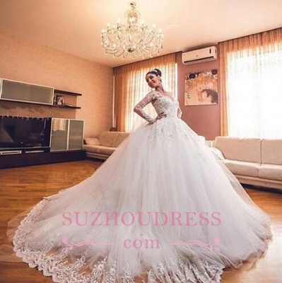 Luxurious Long Sleeves Ball Gown Wedding Dresses Lace Appliques Tulle Wedding Gowns  BA3182_1