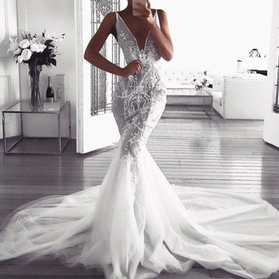 Glamorous Mermaid Deep v-Neck Wedding Dresses | Sleeveless Tulle Appliques Bridal Gowns_3