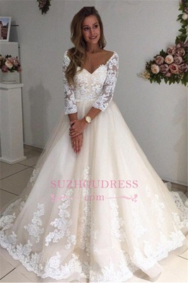 3/4 Sleeves Bridal Gowns  A-Line Champagne Appliques Tulle Backless Lace Wedding Dresses_4