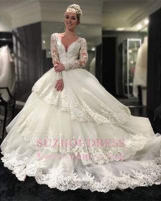 Delicate Lace Appliques Long Sleeve Wedding Dresses  Tiered Ball Gown Bridal Dress_1