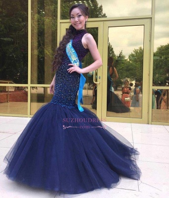 Halter Navy Blue Mermaid Tulle Evening Dress Beading Prom Dresses  BA0564_4