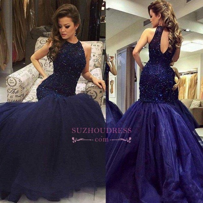 Halter Navy Blue Mermaid Tulle Evening Dress Beading Prom Dresses  BA0564_6