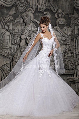 Sexy  Wedding Gowns Beading Appliques Spaghetti Straps Court Train Mermaid Wedding Dresses_4