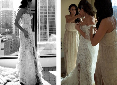 Gorgeous Sweetheart Lace Mermaid Wedding Dresses Front Split Bridal Dresses with Tulle Wrap_5