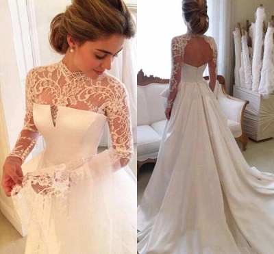 Zipper Lace Elegant High-Neck A-line Long-Sleeve Wedding Dress_3