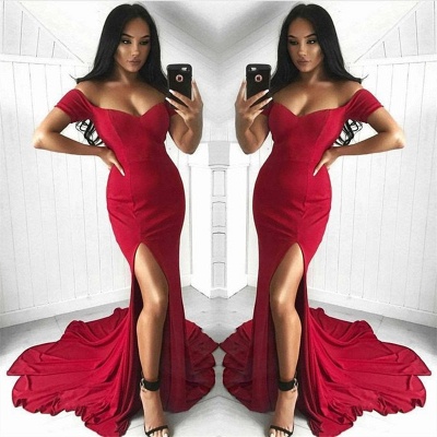 Off The Shoulder Red Evening Dress  | Side Slit Sexy Formal Ball Dress with Long Train_3