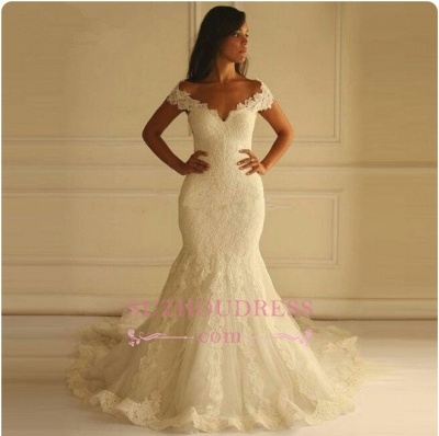 Elegant Off-The-Shoulder Mermaid Lace-Applique Wedding Dresses_1