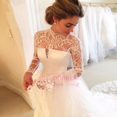 Zipper Lace Elegant High-Neck A-line Long-Sleeve Wedding Dress_1