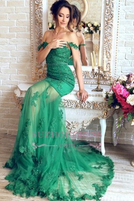 Appliques Green Evening Dress Mermaid Sheer Skirt Gorgeous  Off-the-Shoulder Prom Dress_4