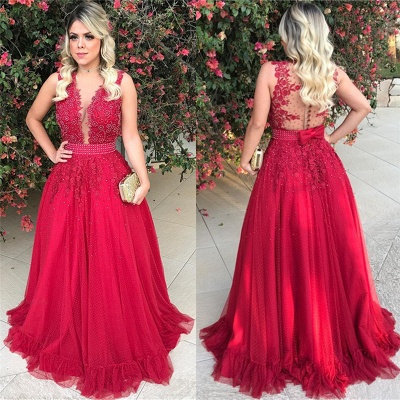 Sleeveless Red Tulle Prom Dress with Bowknot Sexy  Beads Sequins Appliques Evening Gown_5