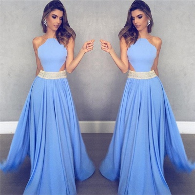 Sleeveless Sheer Back Sexy Formal Dresses   Blue Crystals Beads Belt Evening Gowns_3