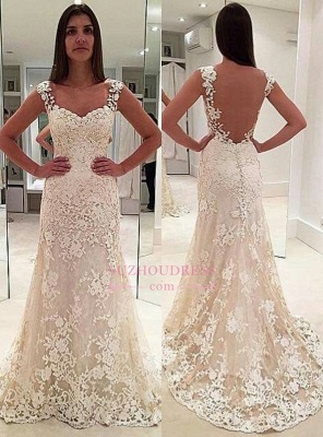 Elegant Sleeveless Backless Bride Dress  Straps Lace Champagne Wedding Dresses_2