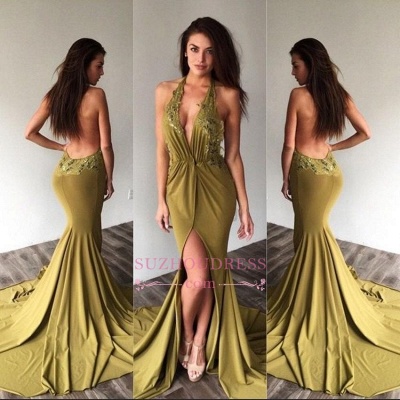 Appliques Backless Evening Gown Deep V-Neck Side-Slit Halter Sexy Prom Dresses_1