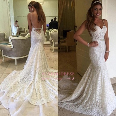 Elegant Backless Mermaid Spaghetti-Straps Lace Wedding Dresses_1