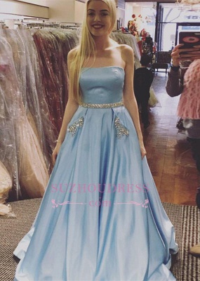 Crystals A-line Strapless Formal Dress Newest Sleeveless Sky Blue Prom Dress_2