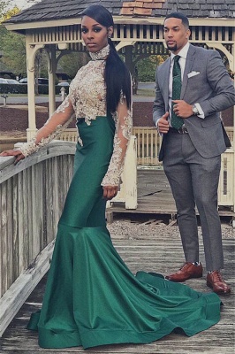 Halter Backless Long Sleeve Prom Dress Lace Appliques Mermaid Dark Green Evening Gown_4