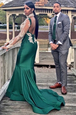 Halter Backless Long Sleeve Prom Dress Lace Appliques Mermaid Dark Green Evening Gown_3