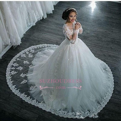 Long Sleeves Beaded Sheer Ball Gown Wedding Dress  Lace Bridal Dresses LY104_1