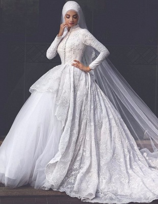 Affordable Lace Long-Sleeves Muslim Wedding Dresses High Neck Bridal Gowns Online_1