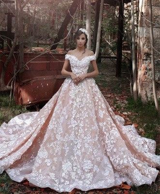 Pink Lace Applique Long Bridal Gown New Off the Shoulder Chapel Train Wedding Dresses BA3863_1