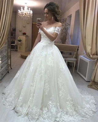 Off The Shoulder Lace Wedding Dresses Online  | Puffy Tulle Sexy  Bride Dress_1