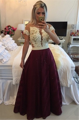 Burgundy Prom Dresses Short Sleeve Lace Evening Gowns with Pearls BMT009a_1