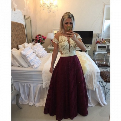 Burgundy Prom Dresses Short Sleeve Lace Evening Gowns with Pearls BMT009a_3