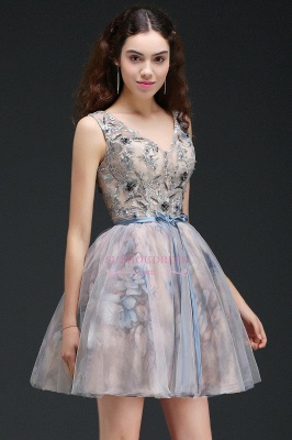 Lace-up Short Sleeveless Cute Belt Straps Flowers Homecoming Dress_6