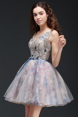 Lace-up Short Sleeveless Cute Belt Straps Flowers Homecoming Dress_2