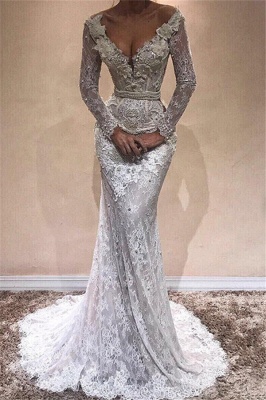 Glamorous Mermaid Long Sleeves Wedding Dresses  | Lace V-Neck Crystal Evening Dress_1