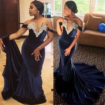 Off The Shoulder Velvet Prom Dresses | Mermaid Beads Appliques Evening Dress_3