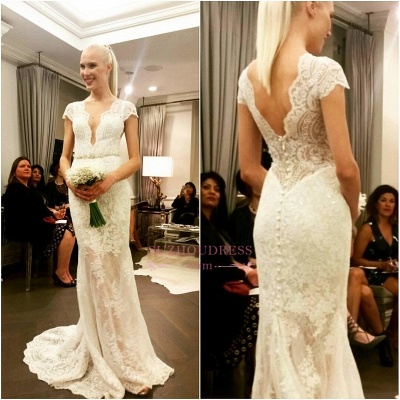 Designer Floor Length Glamorous Lace Bridal Dresses  Button Cap Sleeve Wedding Dress_1