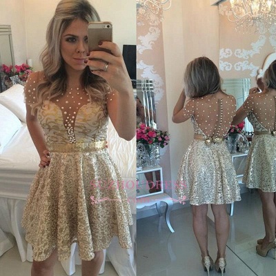 Beadings A-line Short Gold Lace Short Sleeves  Homecoming Dress BA9856_1