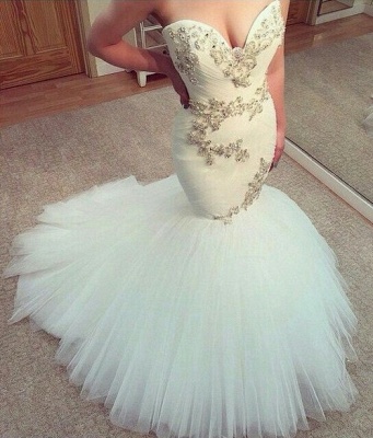 Sexy White Sweetheart Tulle Long Wedding Dress New Arrival Mermaid Custom Made Bridal Gowns_1