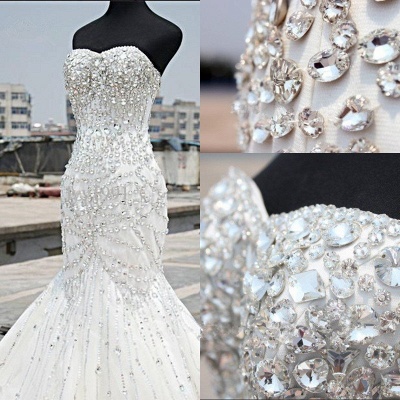 Luxury Silver Crystal Wedding Dresses  Beading Sweetheart Mermaid Sparkly Bridal Gowns_3