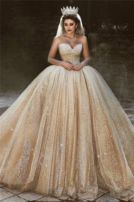 Luxury Champagne Gold Wedding Dresses  | Sequins Princess Ball Gown Royal Wedding Dresses_1