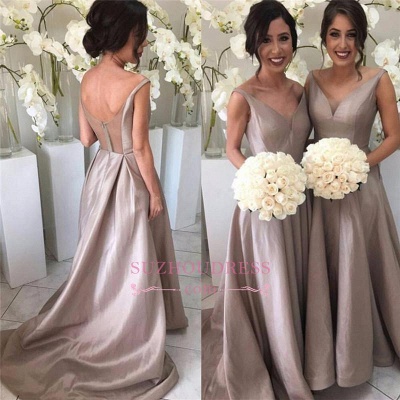 Sheer-Tulle V-neck Stretch-Satin Simple Open-Back Sleeveless Bridesmaid Dress_1