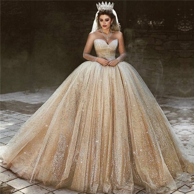 Luxury Champagne Gold Wedding Dresses  | Sequins Princess Ball Gown Royal Wedding Dresses_3