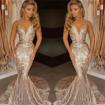 Deep V-neck Champagne Gold Sequins Prom Dresses  Mermaid Sleeveless Sexy Evening Gown FB0007_3