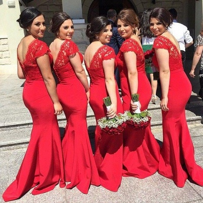 Red V-Neck Sexy Mermaid Long Bridesmaid Dresses  Lace Plus Size Wedding Dress for Women_2